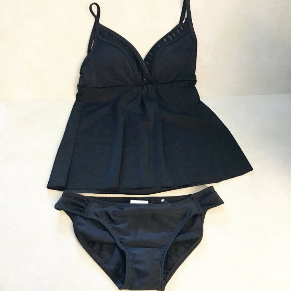 American Beach Swim Black Tankini Top & Bottom Set Womens Size S New